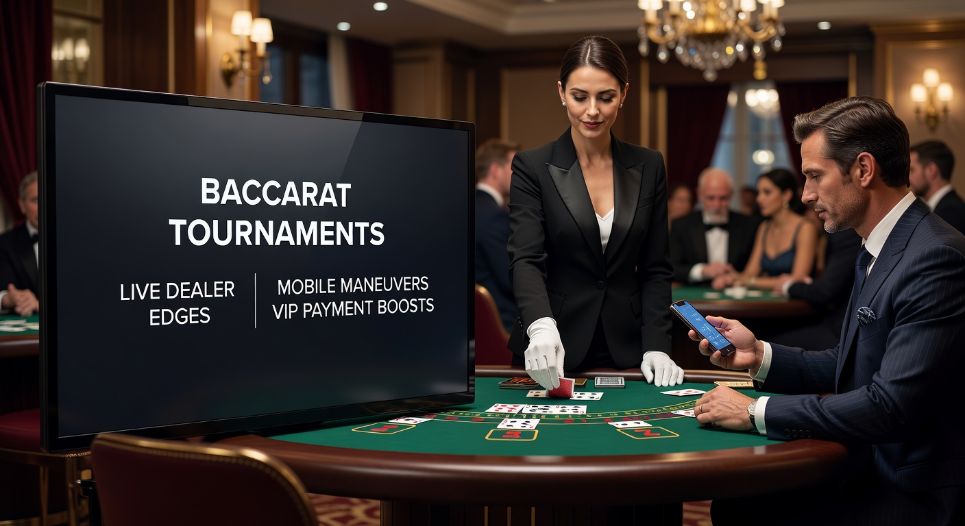 Spieler bei einem intensiven Baccarat-Turnier mit Live-Dealer am Tisch, Karten fliegen, Bildschirme leuchten